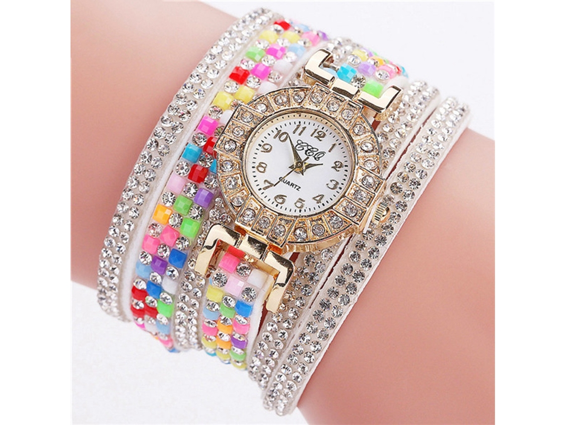 Reloj De Pulsera De Moda Para Mujer Con Pedrería Multicapa Y Terciopelo - Blanco