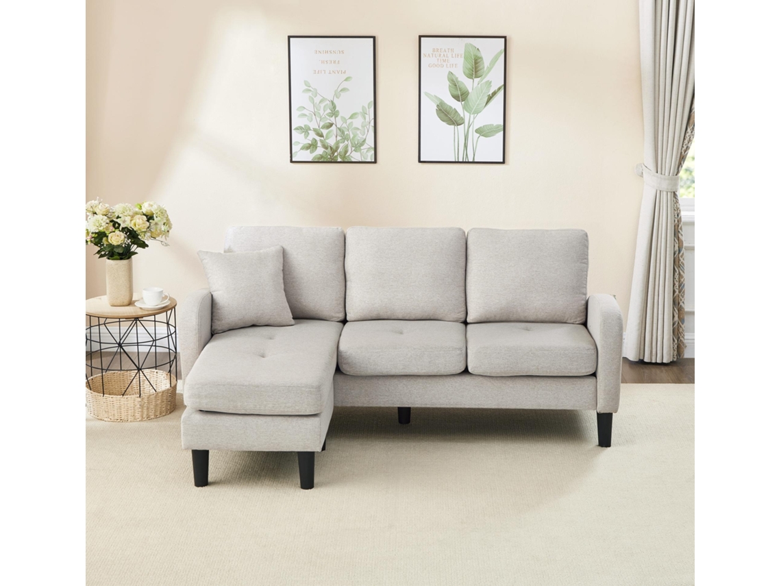 Sofá esquinero reversible en forma de L, de 3 plazas, con chaise longue a la izquierda o a la derecha, tejido transpirable de algodón y lino, 166x118x77 cm, color gris beige.