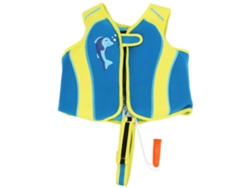 Chaleco salvavidas azul para niños con aletas y correas ajustables.