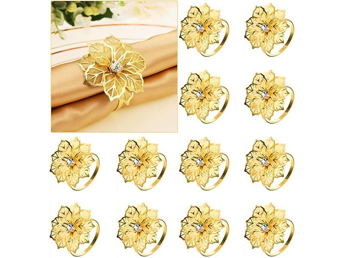 Anillo De Servilleta Floral, 12 Piezas Oro, Decoración Mesa Boda Navidad Cena Con Piedras Falsas