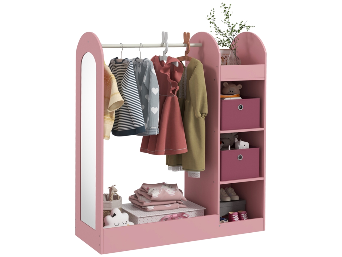Perchero Infantil, Estantes, Cajas, Espejo, Madera Rosa