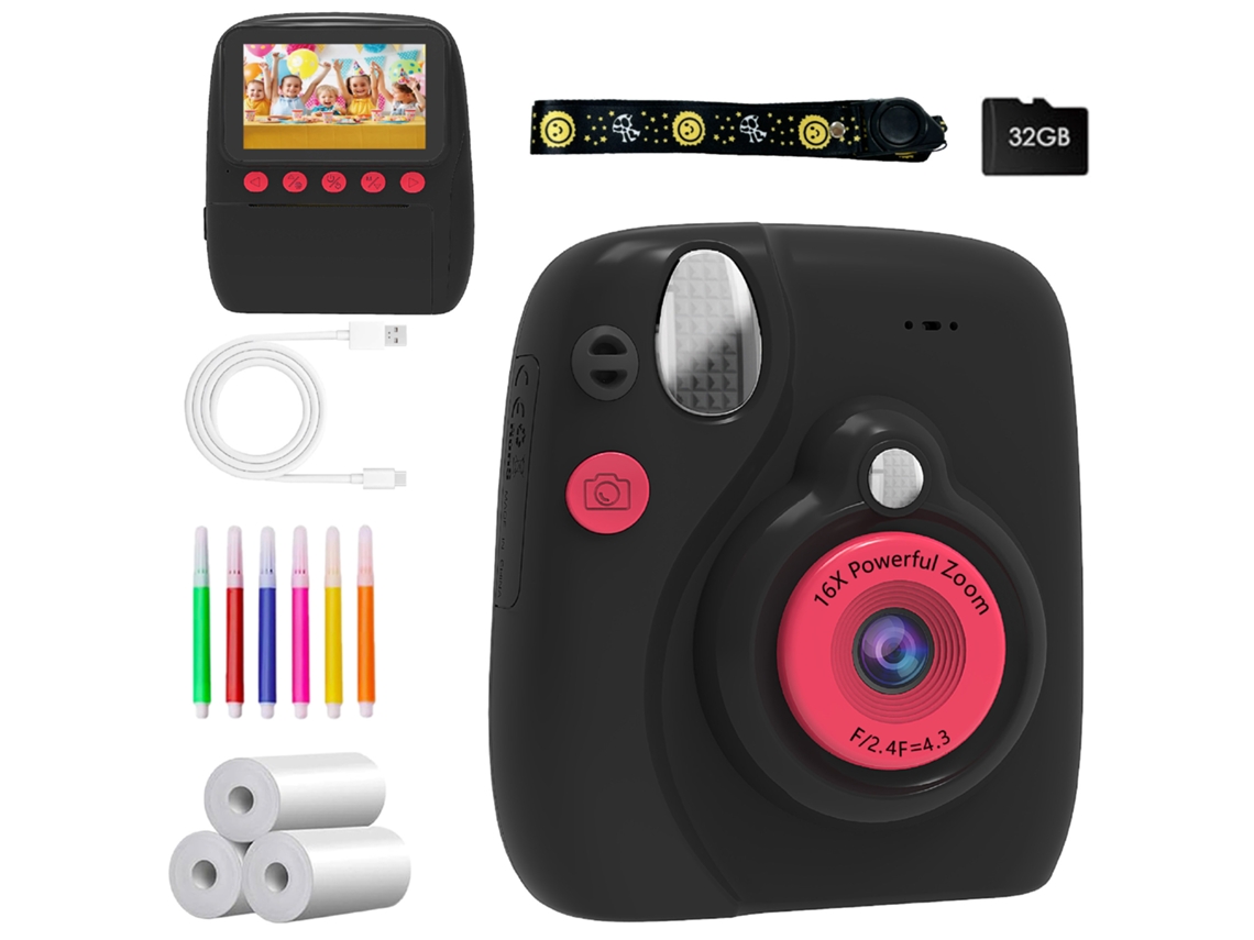 Cámara instantánea, cámara de impresión para niños con impresora y tarjeta de 32 GB (negra) Spqment