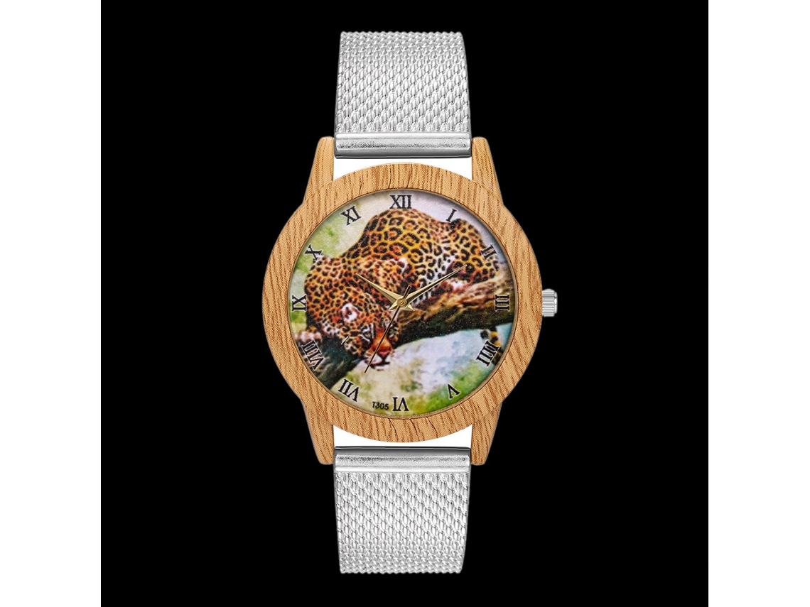 Reloj Unisex De Cuarzo Con Correa De Malla De Acero Y Dial Leopardo Romanos Plata