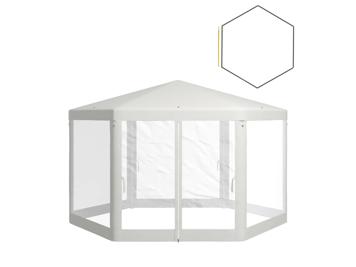 Gazebo hexagonal, construcción de poliéster y metal, 394 x 341,2 x 250 cm, longitud lateral 197 cm, altura del techo 250 cm, altura del alero 200 cm OEM
