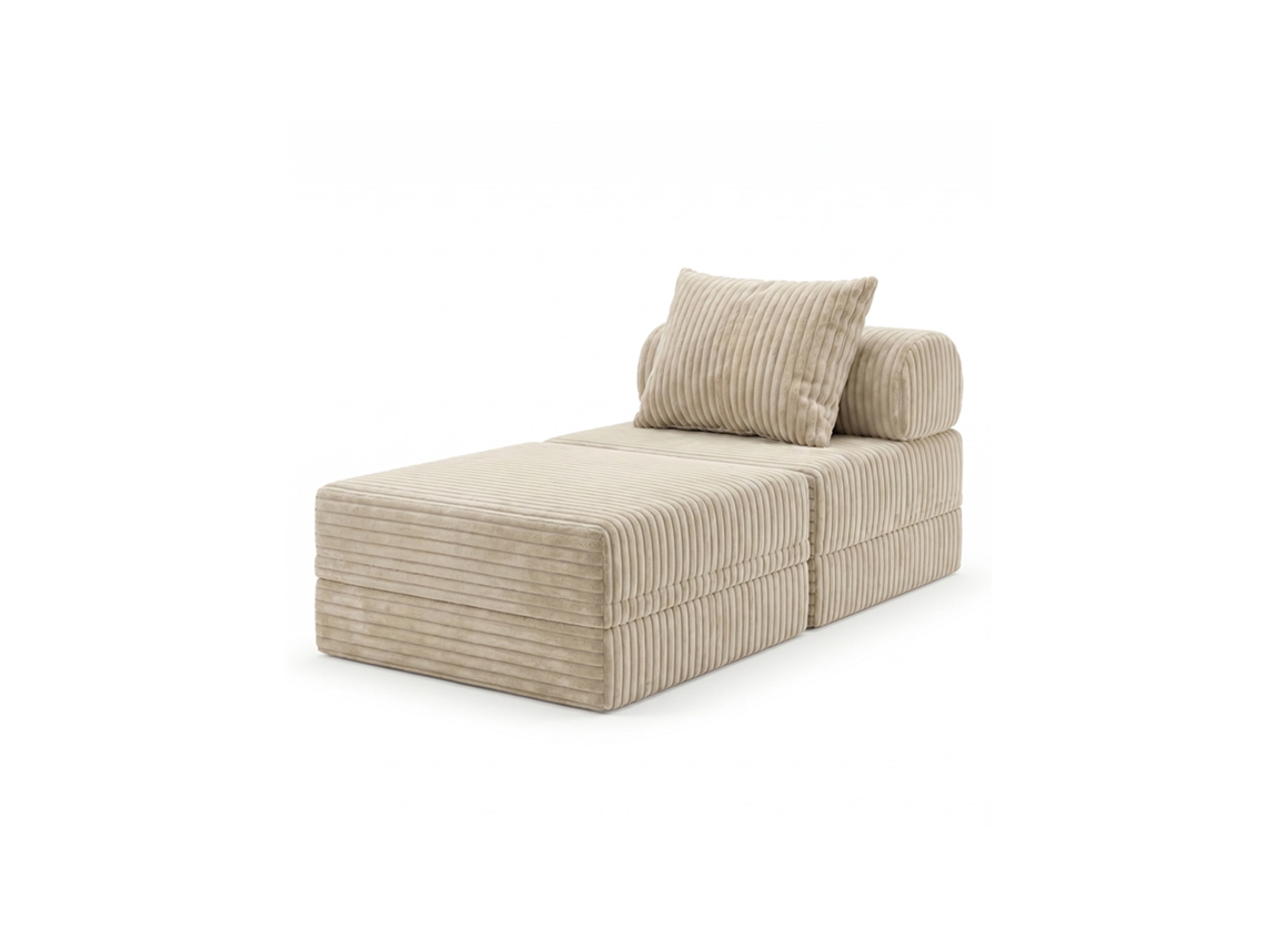 Sofá Modular 1 Lugar + Puff  Convertible Veludo Listado Beige