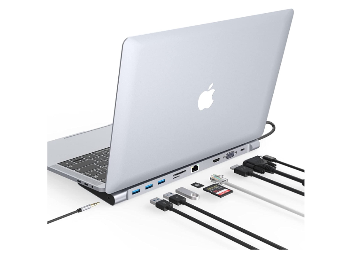 Estación De Acoplamiento Usb C 10 En 1 Para Portátil Con Dos Pantallas, Concentrador Usb C Para Macbook Y Windows, Color Gris