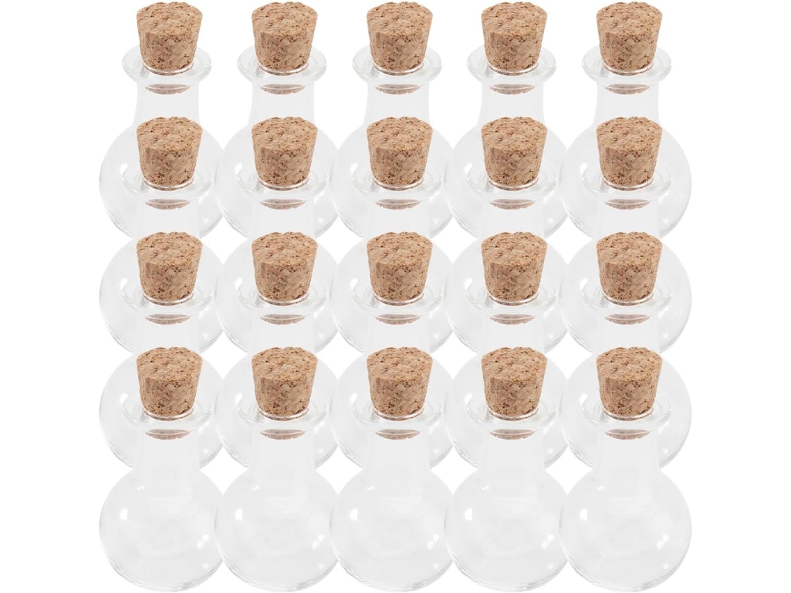 Juego 20 Botellas Vidrio Transparente Finamente Pulidas Tapones Corcho Reutilizables Decorativas Únicas