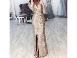 2026-13058-vestido Largo De Lentejuelas Con Escote En V Profundo Manga Larga Y Split Para Fiestas Y Ocasiones Especiales Fli 2xl Oro