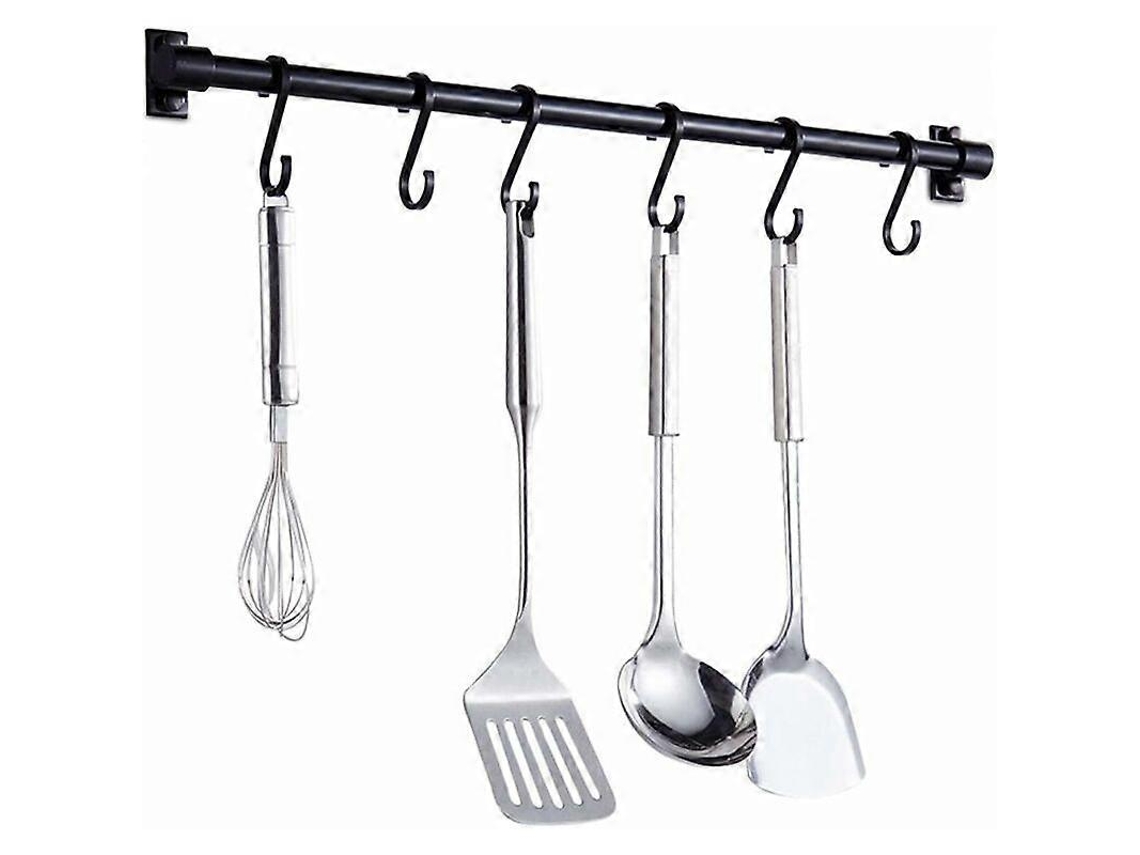Barra para utensilios de cocina de 40 cm con 6 ganchos extraíbles, color negro