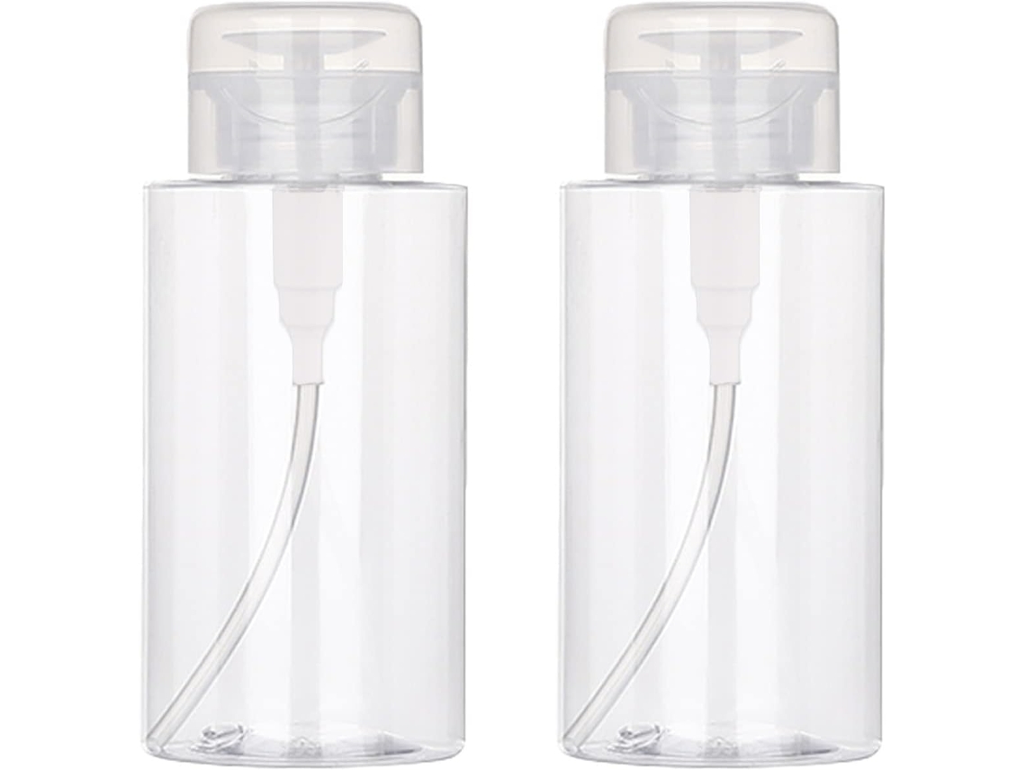 Dos botellas vacías de 200 ml con dosificador: Botellas separadas de desmaquillante/quitaesmalte, líquido y transparente.