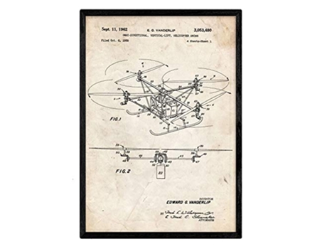 Póster NACNIC con Patente de Dron Helicoptero. con Diseño de Patente Antigua.