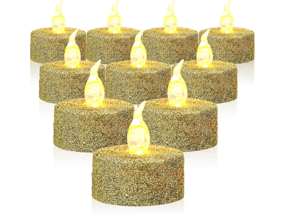 Juego De 12 Velas Led Decorativas Sin Llama Con Acabado Dorado Brillante.