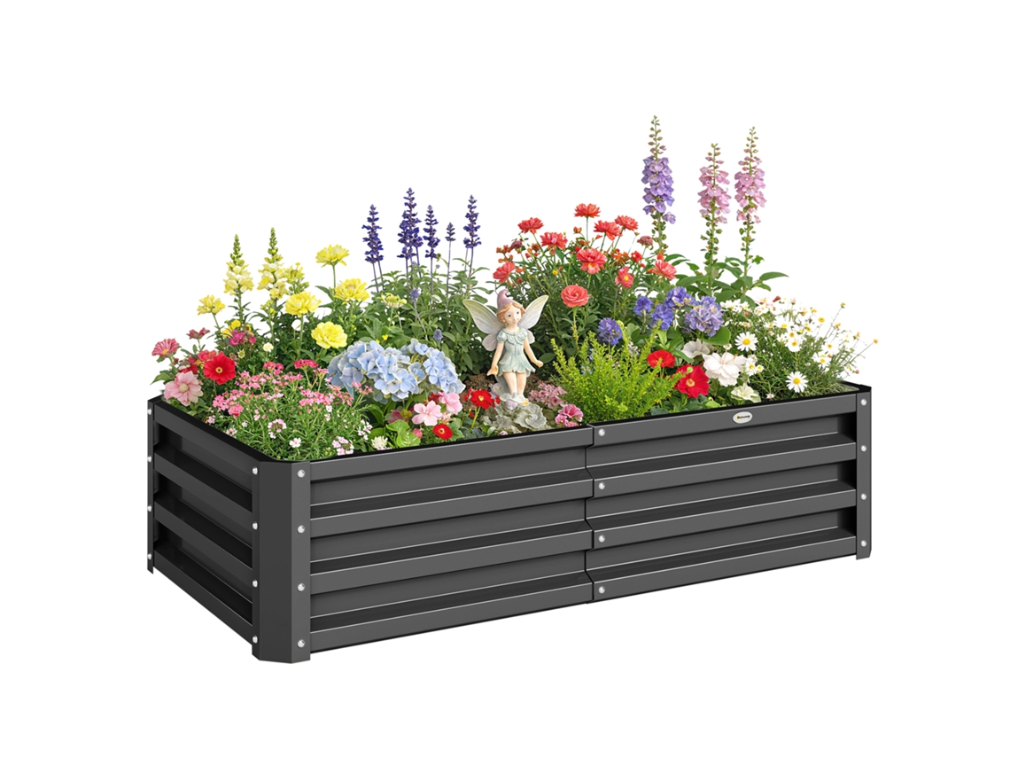 Macetero rectangular elevado de acero galvanizado para el cultivo de plantas, flores y césped, 120x60x30,5 cm, color gris.