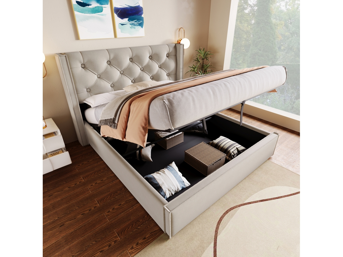 Cama Doble De 140x200 Cm Con Compartimento De Almacenamiento Hidráulico, Estructura Metálica, Tapicería De Algodón Gris Claro, Colchón No Incluido.