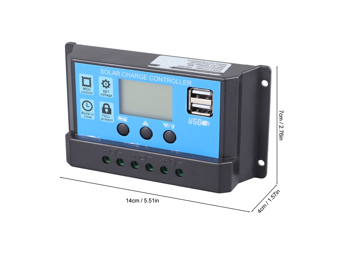Controlador de carga solar PWM 12V 24V 30A con pantalla LCD y dos salidas USB.