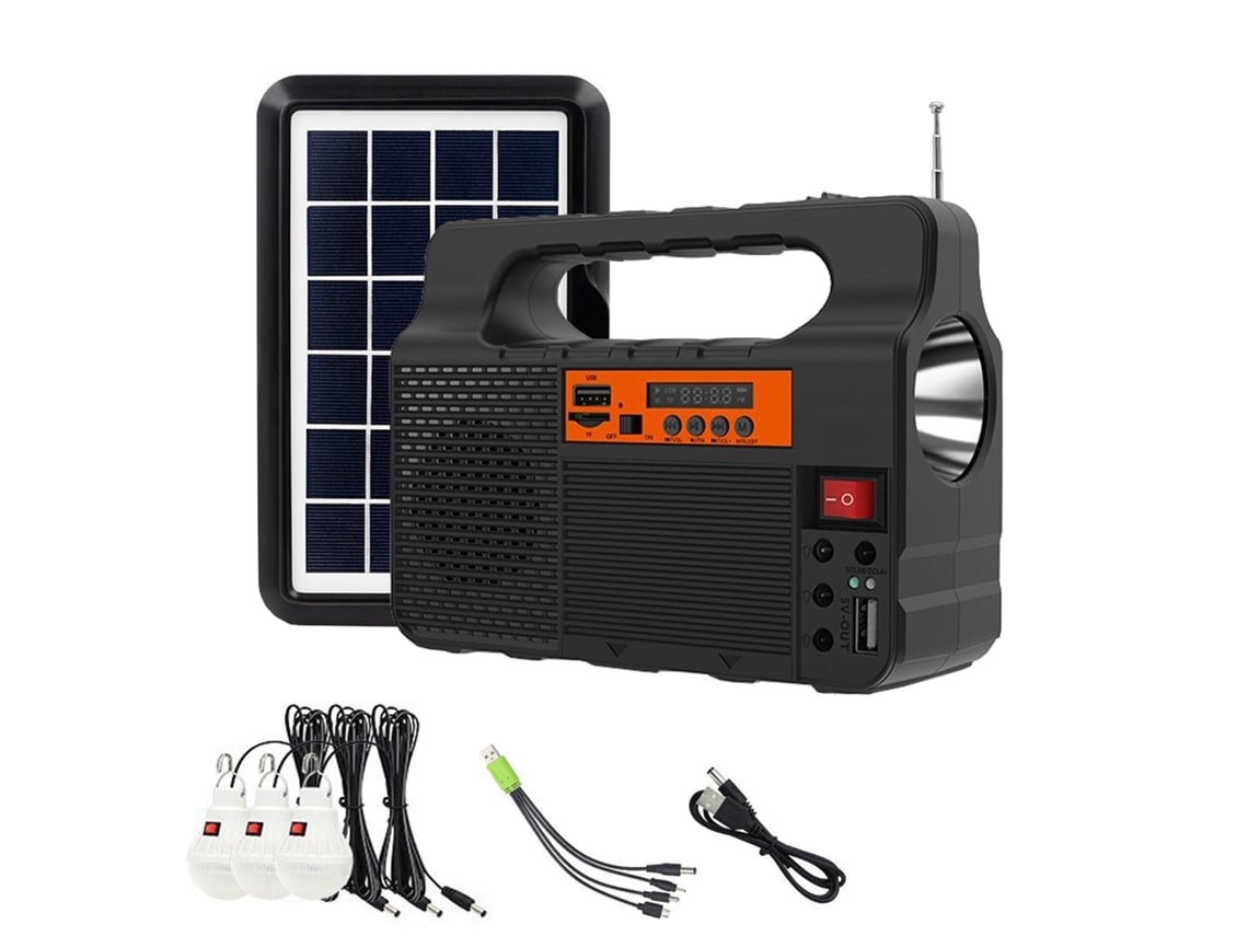 Generador solar portátil con panel solar, radio, altavoz Bluetooth, cargador de teléfono, linterna, estación de energía y batería recargable de 3600 mAh.