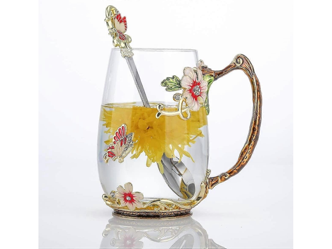 Taza De Vidrio Con Flor Y Mariposa Y Cuchara (roja-alta)