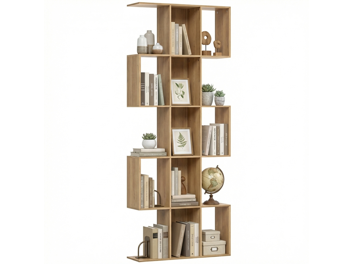 Librería en forma de S con 5 baldas, 80x24x200 cm, acabado en roble.