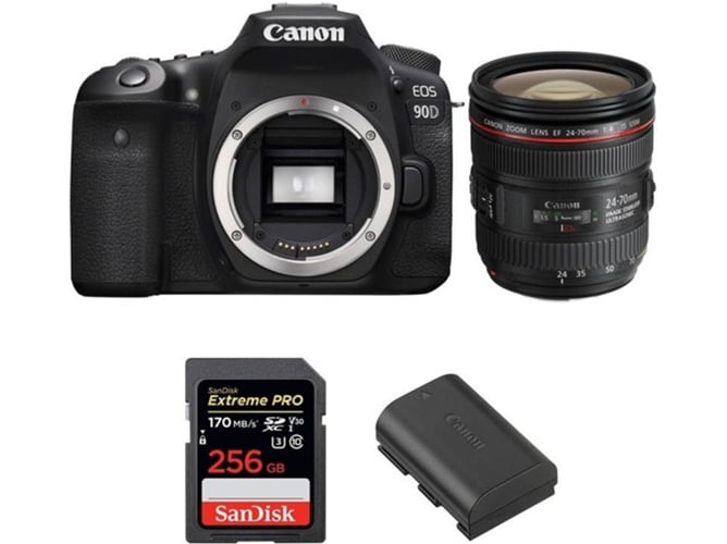 Kit Cámara Réflex CANON EOS 90D + EF 24-70mm f/4L IS USM + SanDisk 256GB + LP-E6N