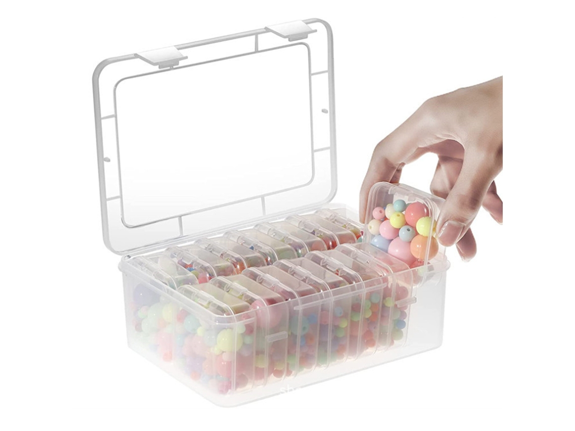 Caja de almacenamiento pequeña con tapa, 14 piezas, 1 caja rectangular grande de plástico transparente, para cuentas, joyas, artículos pequeños y clasificación.