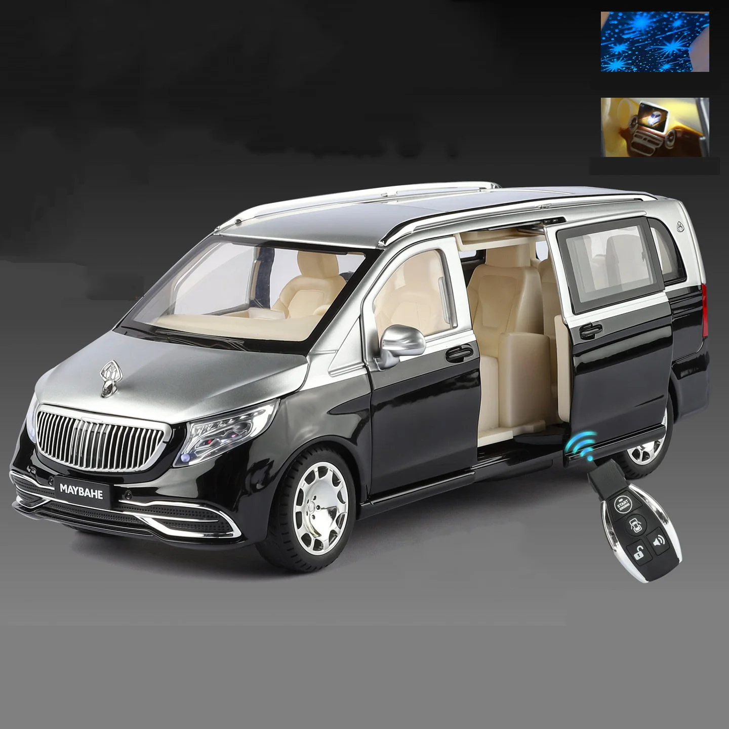 (prateado E Preto) Miniatura De Carro Em Liga Metálica, Escala 1:24, Com Controle Por Chave, Som E Luz.