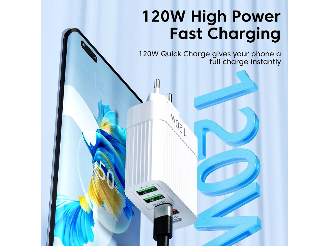 Cargador Usb Pd De 5 Puertos De 120 W, 3 Usb-a 2 Usb-c Pd Qc3.0, Adaptador De Pared De Carga Rápida
