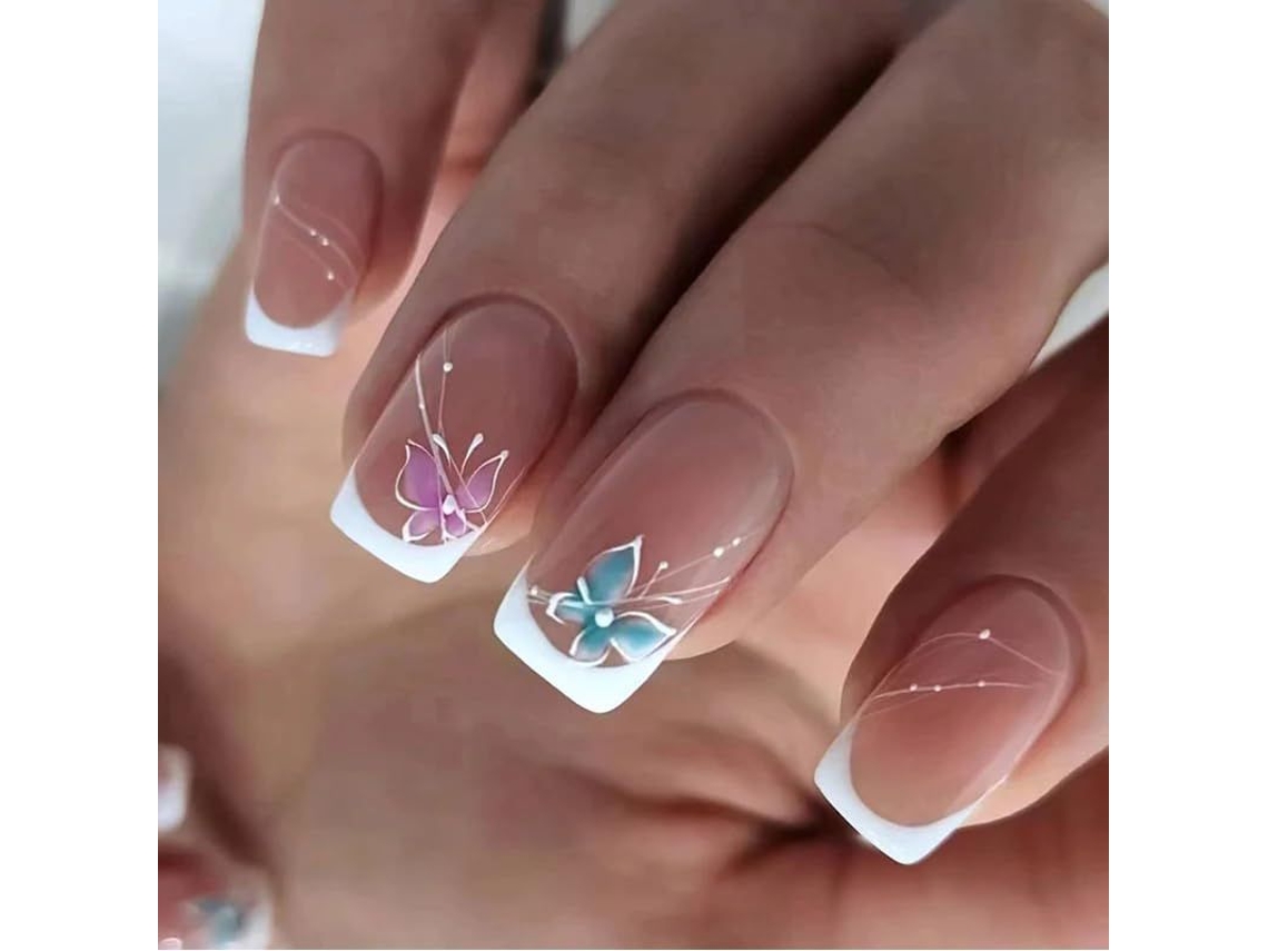 Uñas Postizas Acrílicas Con Diseño De Mariposa, Cortas, De Cobertura Total, Reutilizables Para Mujer.