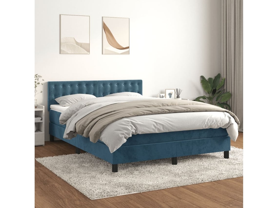 Cama Box Spring Con Colchón Terciopelo Azul Oscuro 140x200 Cm