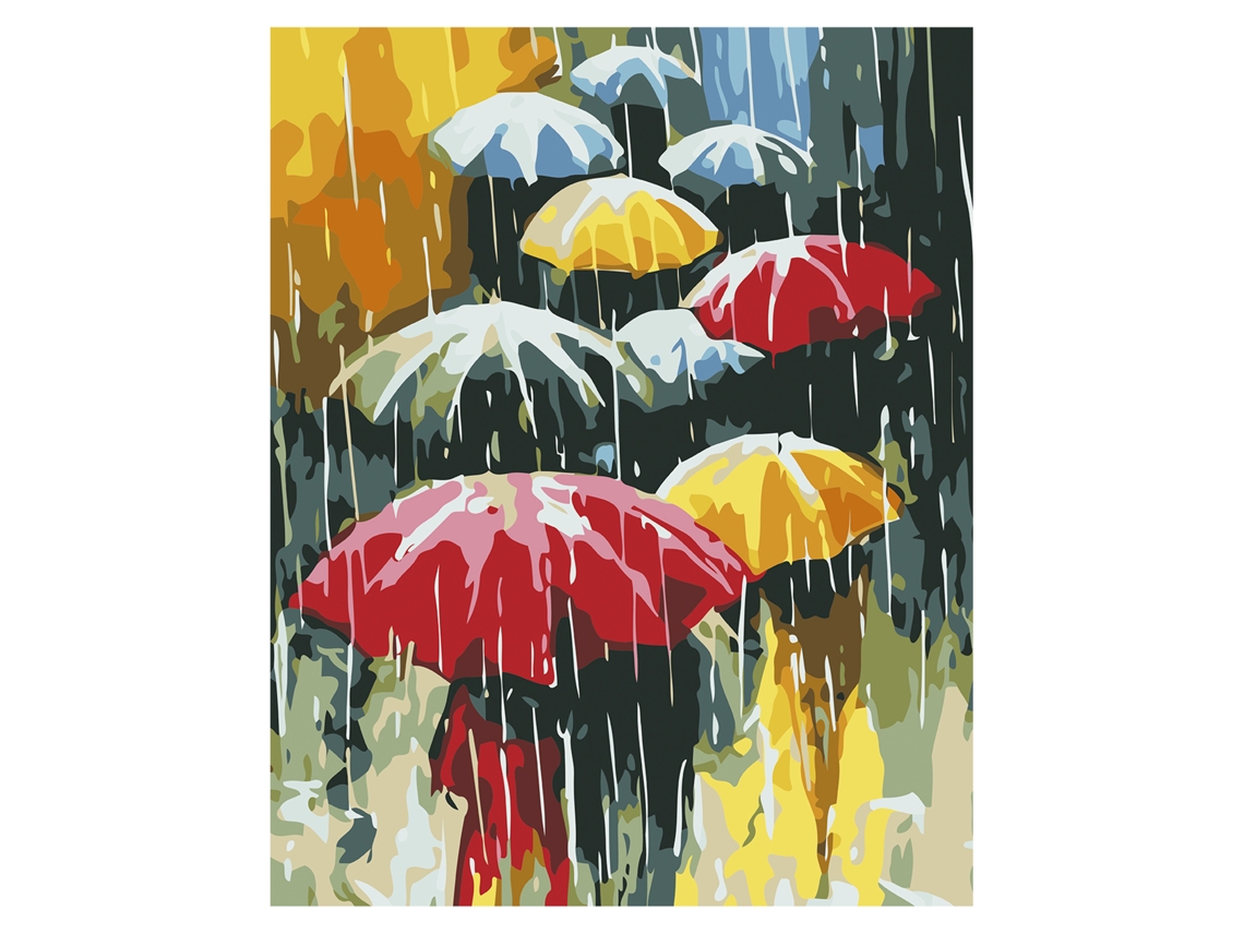Tela con diseño para colorear por números, 40 x 50 cm. Diseño de paraguas. Incluye pinzas y las pinturas necesarias.