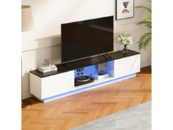Mueble para TV de 160 cm en blanco brillante con iluminación LED, puertas lacadas y estantes de vidrio templado, diseño moderno.