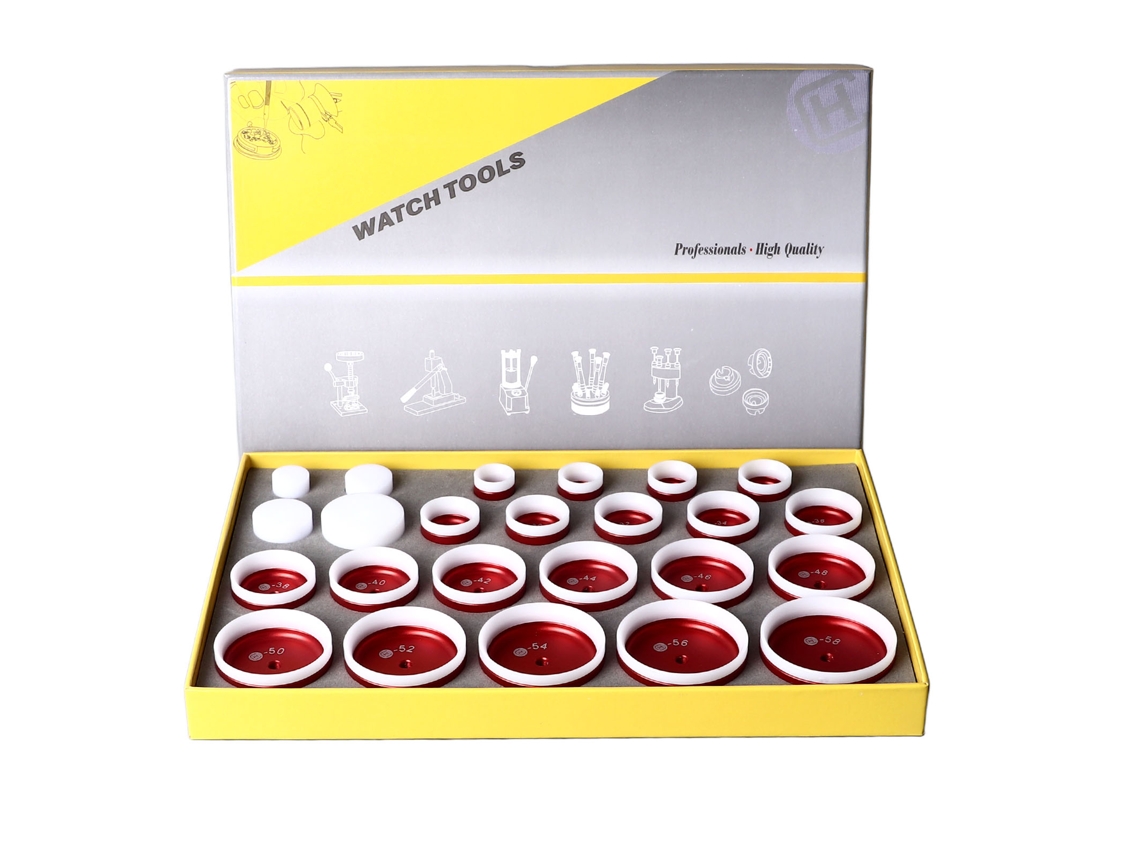 Kit profesional de reparación de herramientas de prensado de relojes con 24 matrices