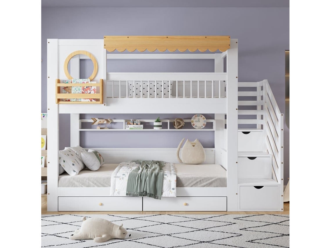 Litera Infantil 90x200 Cm - Con Cajones, Escalera Con Armario, Estantes Laterales - Blanco+natural