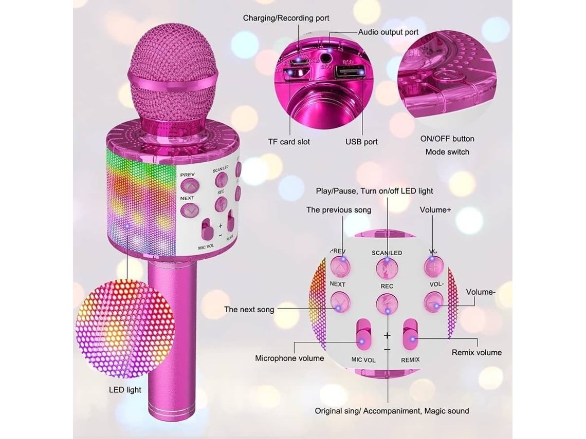 Micrófono inalámbrico, luces de baile Led, máquina de Karaoke portátil con  Bluetooth, reproductor de Ktv para el hogar con función de grabación, rosa