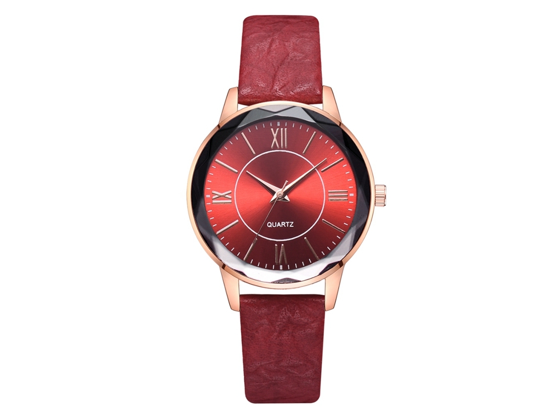 Reloj De Pulsera De Cuarzo Para Mujer Con Correa De Pu Moda Dial Redondo Casual (rojo)