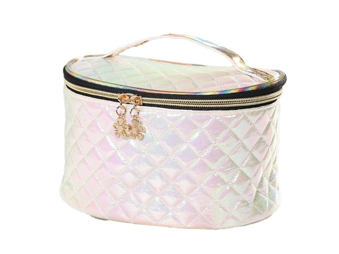 2026-bolso De Maquillaje De Cuero Pu Colorido Con Patrón Plaid Brillo Resistente Al Agua Blanco