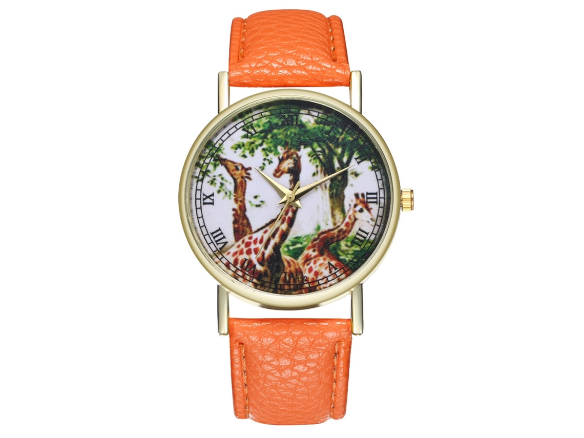 Reloj Analógico De Cuarzo Unisex Con Estampado De Jirafa Y Correa De Piel Sintética Naranja.