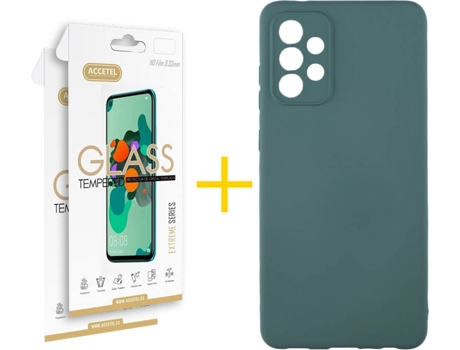 Carcasa y 2 Protectores de Pantalla de Vidrio Samsung A52 5G ACCETEL Silicona Líquida Verde