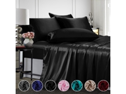 MEOIRUERY Set de lámina de satén tamaño queen, seda de cama de satén suave y sedosa con lámina plana y fundas de almohada de bolsillo profundo, lujoso y cómodo 