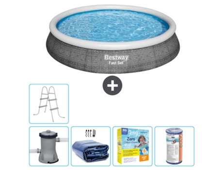 Piscina hinchable redonda Fast Set BESTWAY - Estampado ratán - 396 x 84 cm - Bomba incluida Vela solar - Paquete de mantenimiento - Filtrar - Escal...