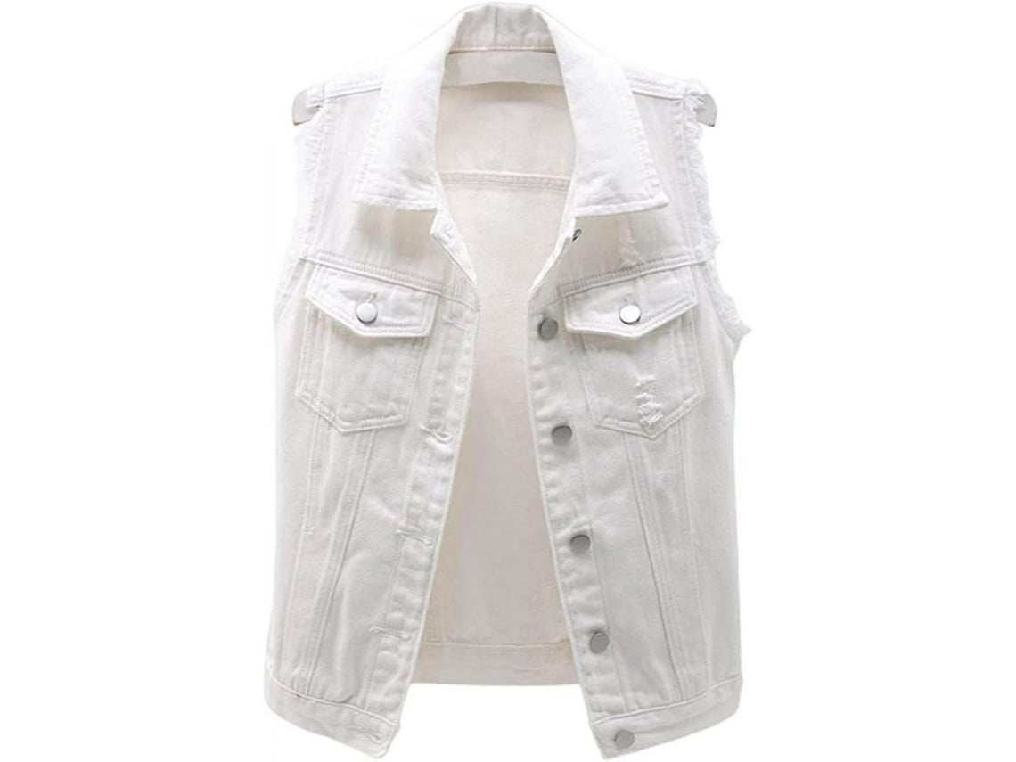 2026-10581-chaleco Vaquero Crop Mujer Sin Mangas Casual Deshilachado Con Botones Y Bolsillos Xwt Grande Blanco