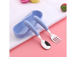 (azul) Juego De Cuchillo Y Cuchara Para Niños De Tres Piezas De Acero Inoxidable, Patrón De Dibujos Animados Portátil