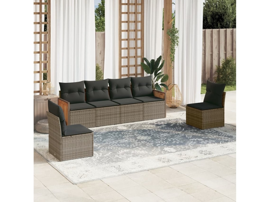 Conjunto de sofá de jardín de 6 piezas con cojines de mimbre gris, Dkd Home Decor