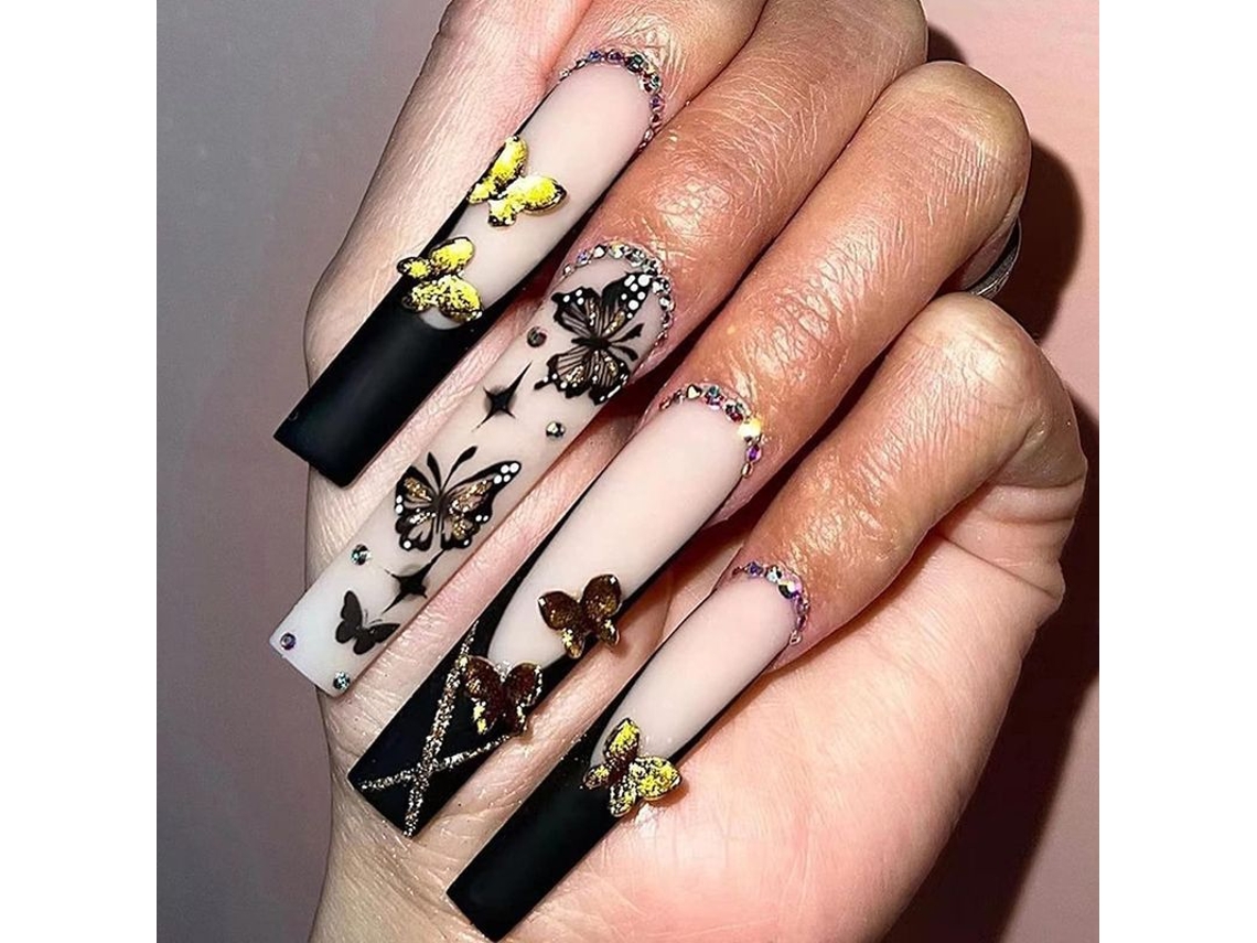 Uñas Postizas Largas De Presión Con Diseño De Mariposa, Uñas Francesas De Bailarina Negras Nude Para Mujer.