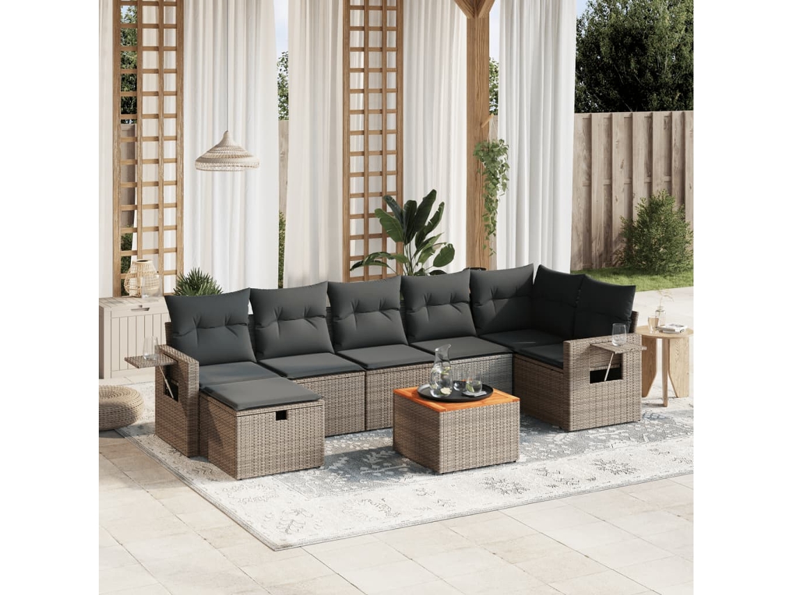Conjunto de sofá de jardín de 8 piezas con cojines, ratán gris, DKD Home Decor
