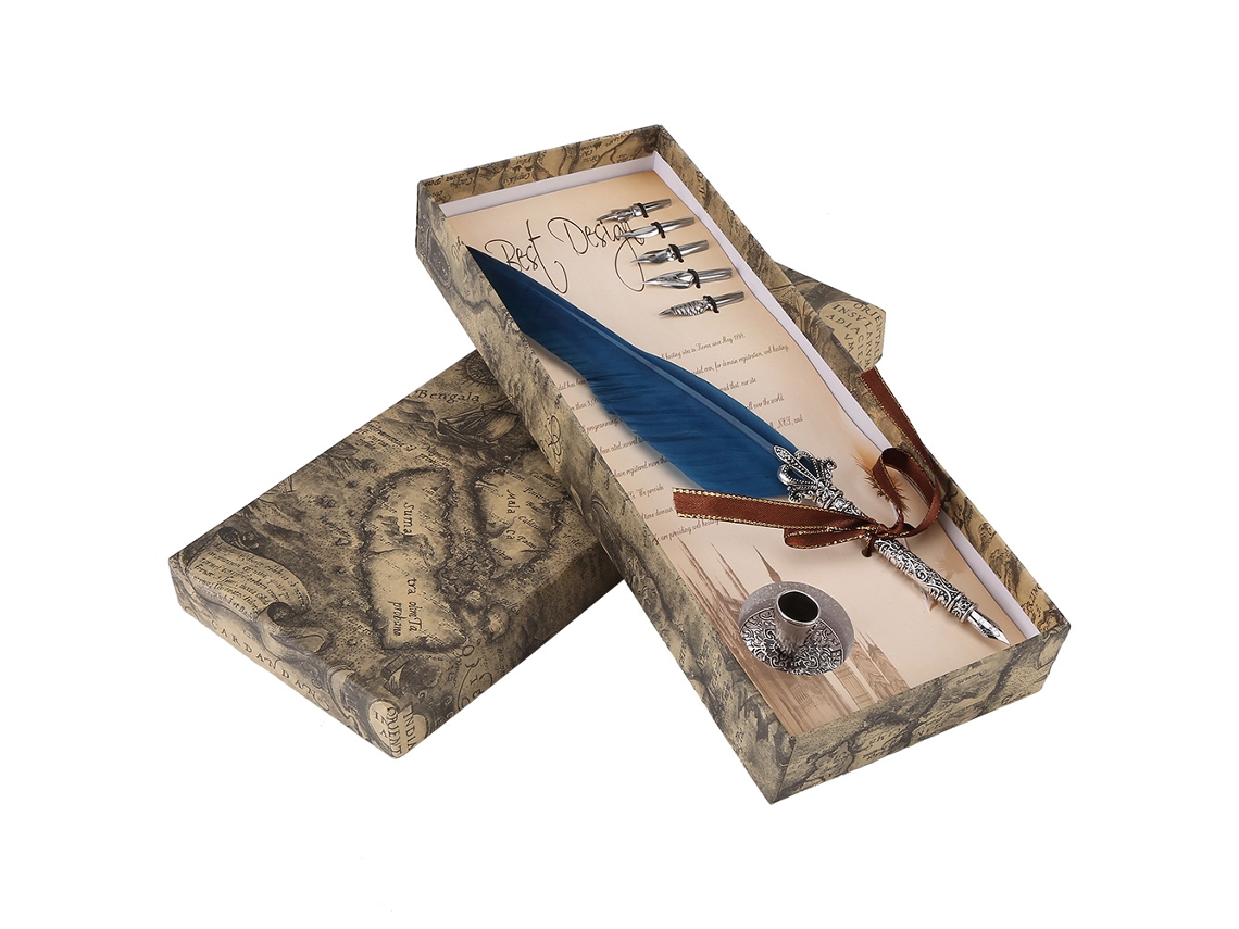 Set Pluma Pluma De Ave Para Caligrafía Inglesa Con 5 Puntas Azul Caja Regalo Papelería