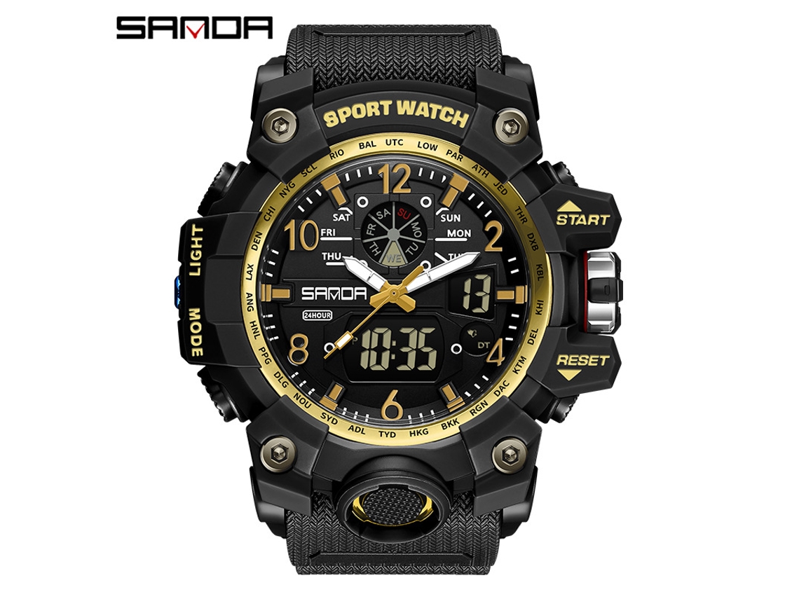 Reloj Electrónico De Moda (negro Y Dorado para Hombre) Con Acabado Luminoso, Resistente Al Agua Y A Los Golpes. Alarma.