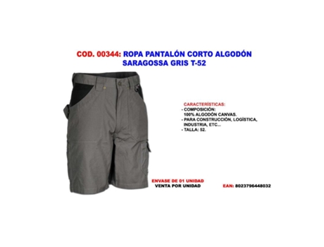 Ropa pantalon corto algodon saragossa gris t-52