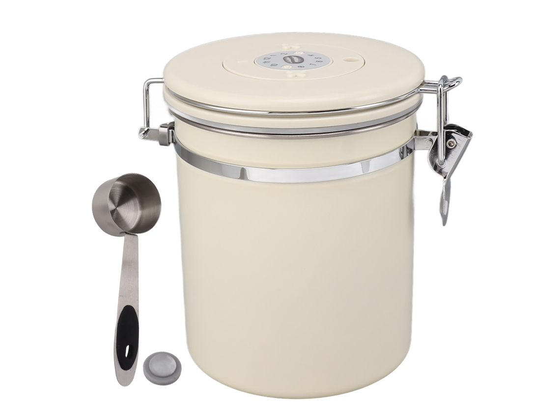 Recipiente Hermético De Acero Inoxidable Para Café Con Cuchara Y Calendario De Caducidad, 1,5 L, Color Beige.