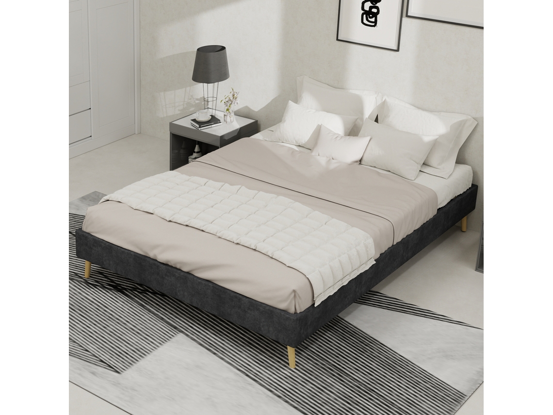 Cama Moderna Minimalista 140x200 - Base Baja, Tela Terciopelo Holandés - Gris