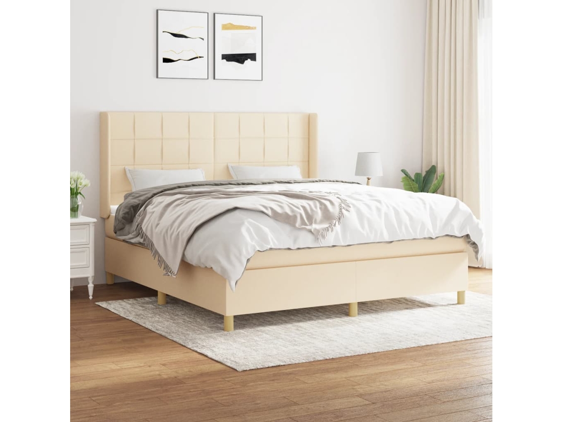 Cama Box Spring Con Colchón Tela Color Crema 180x200 Cm